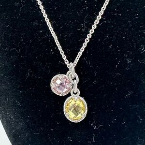JUDITH RIPKA Sterling Silver Rose Pink Quartz Canary Yellow Charm Necklace; 17”